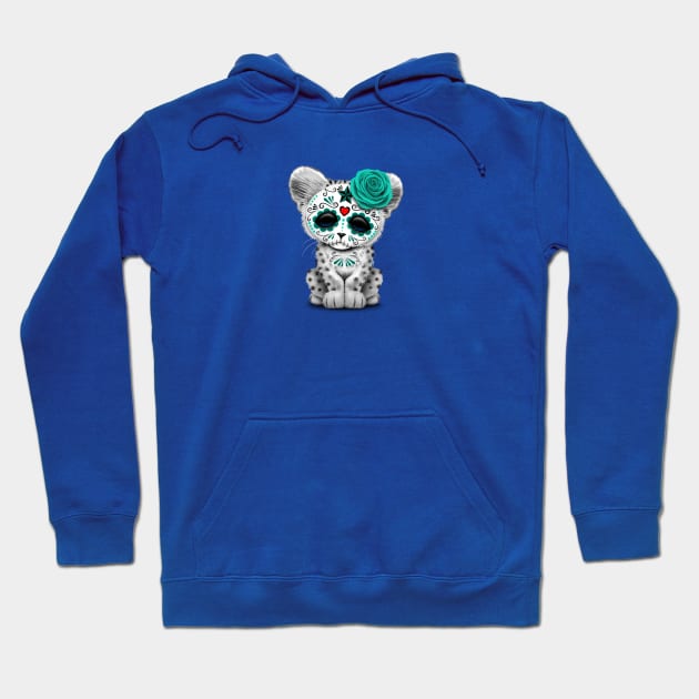 Blue Day of the Dead Sugar Skull Snow Leopard Cub Hoodie by jeffbartels